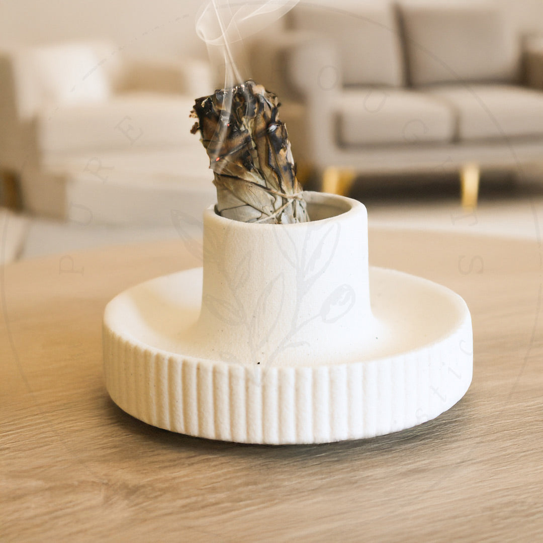 Ceramic Sage Bowl And Holder (Creamy White)