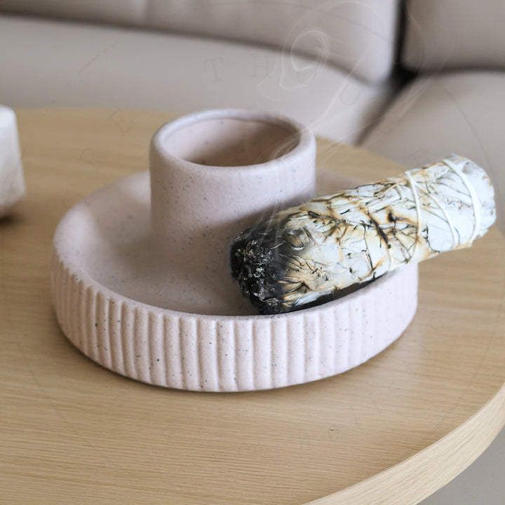 Ceramic Sage Bowl And Holder (Grey/Biege)